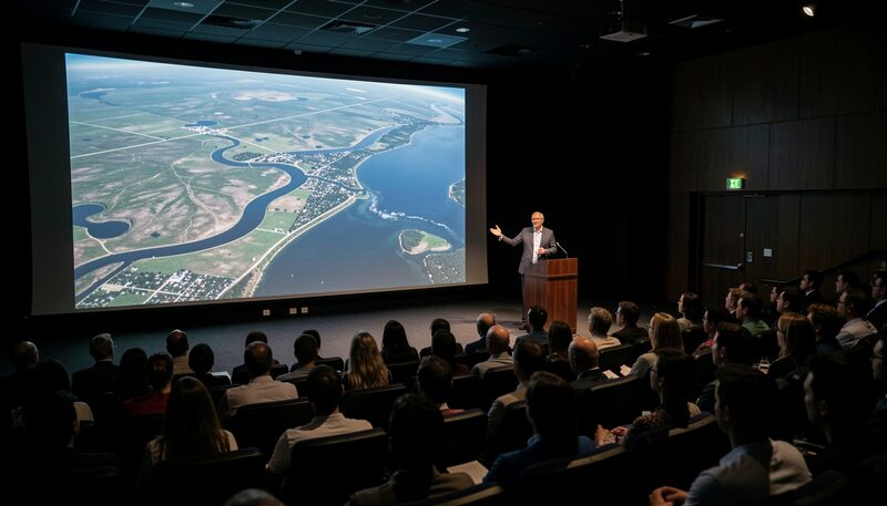 A speaker gesturing beside a large projected satellite image of a river delta in a dark lecture hall, rows of attentive listeners fading into the background.