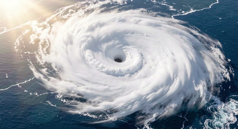 A large typhoon spiral seen from high above the ocean, dense white cloud bands curling around a small dark eye, deep blue sea visible at the edges of the storm, sunlight from the left.